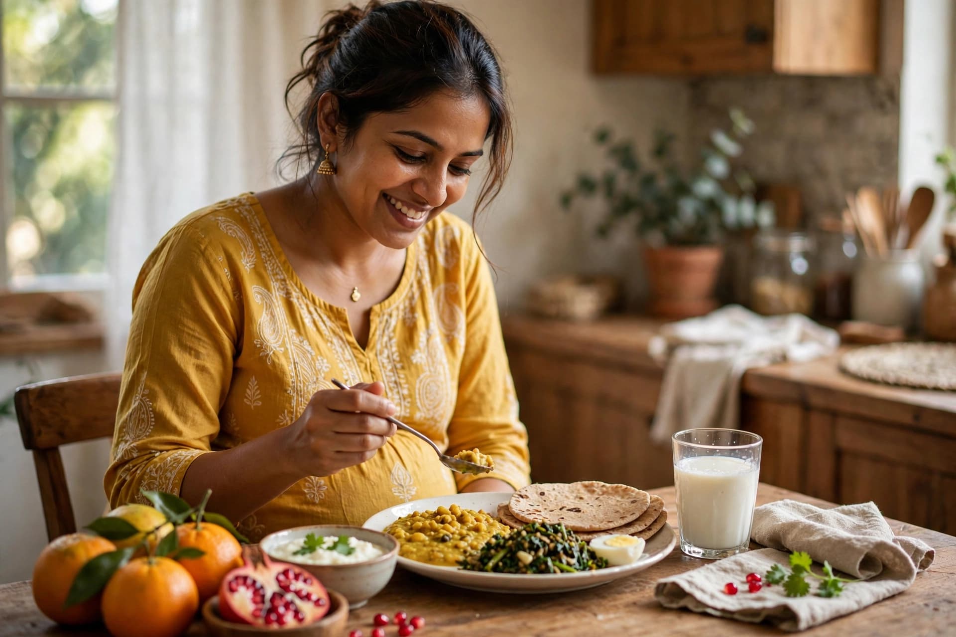 Pregnant woman eating a balanced, nutritious meal with fruits, vegetables and protein