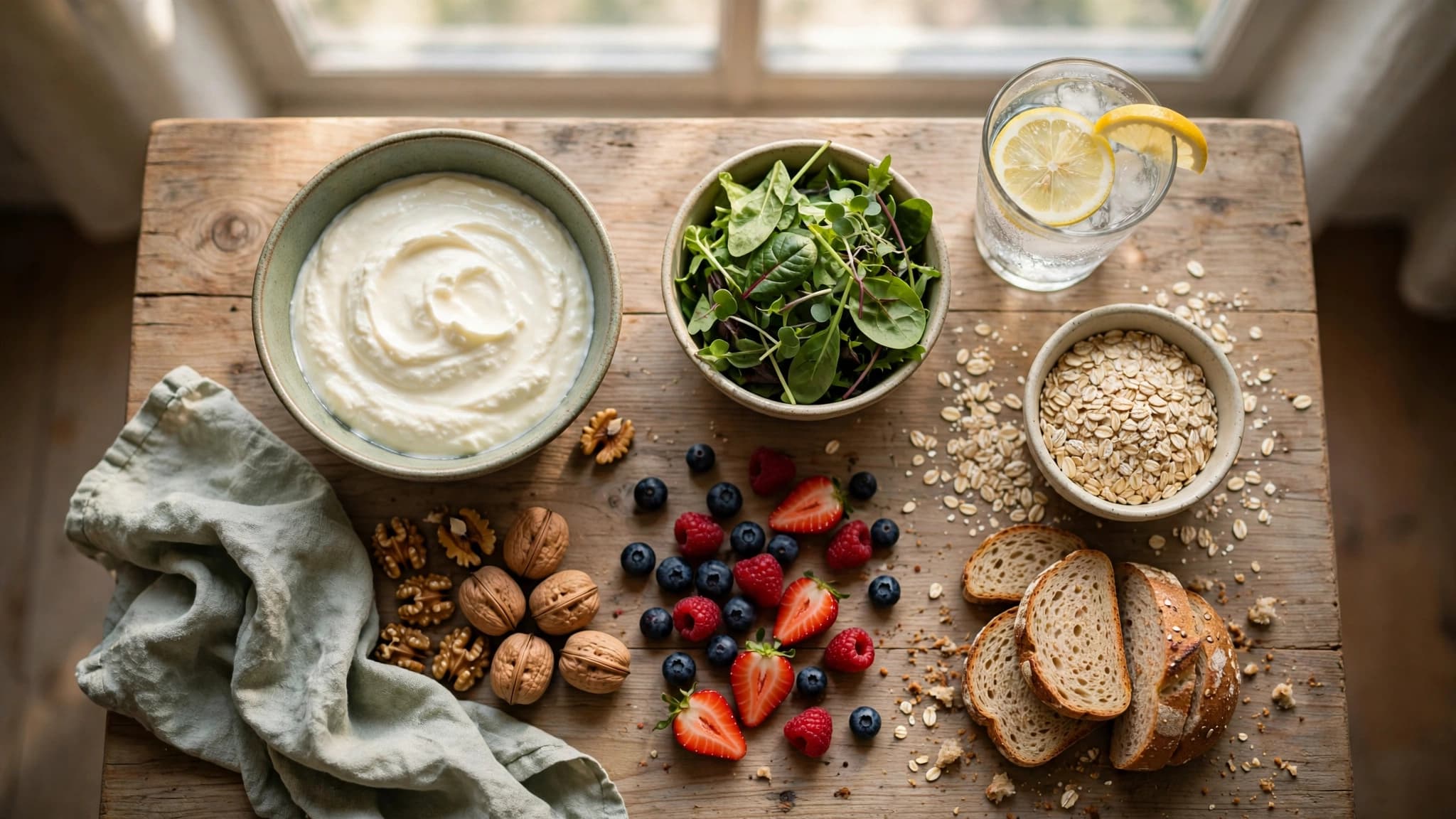 Healthy gut-friendly foods including fibre, fermented foods and vegetables for better digestion